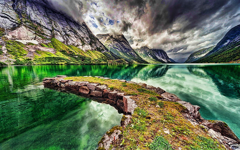 Norway, R, beautiful nature, mountains, fjord, emerald water, Europe, Norwegian nature, HD wallpaper