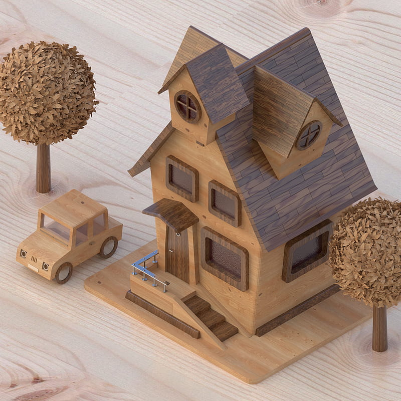 Wood toys, 2019, baby, car, house, legno, little, new, render, toys, wood, HD phone wallpaper