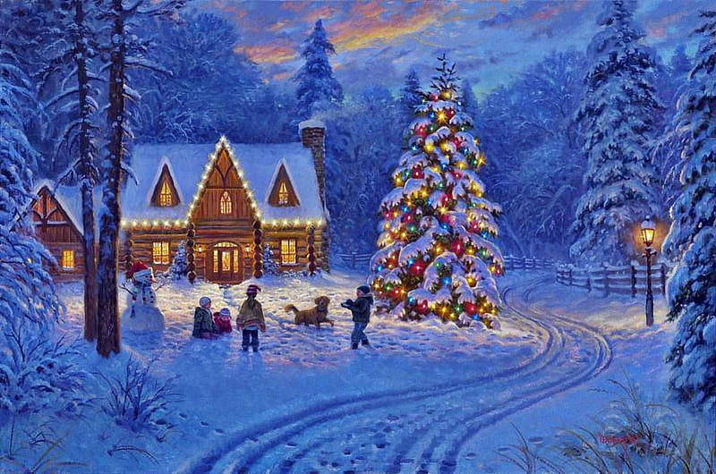 Happy Christmas Time, house, snow, decoration, children, path, trees, artwork, winter, HD wallpaper