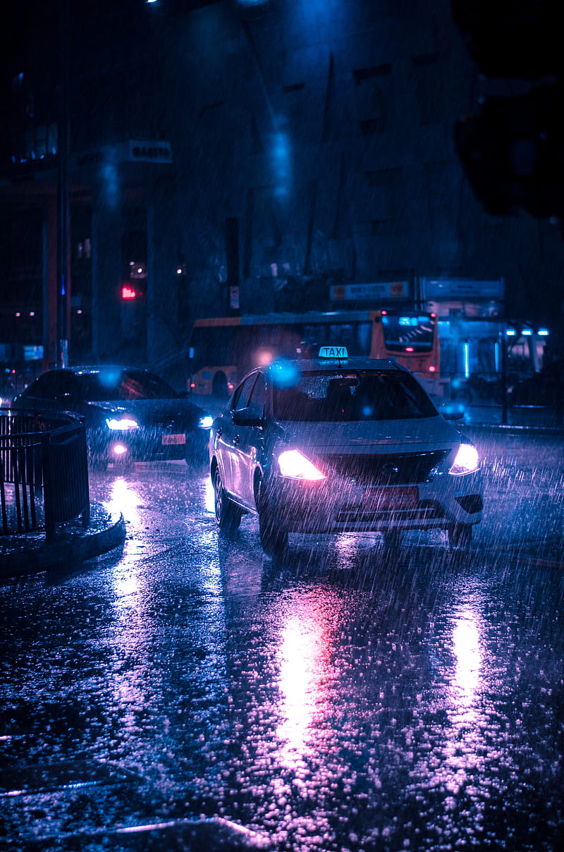 taxi, car, rain, night city, street, HD phone wallpaper