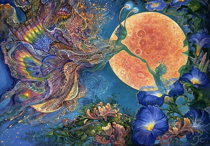 Moonlit awakening, pictura, fairy, art, orange, moon, josephine wall, fantasy, moon, green, morning glory, painting, flower, blue, HD wallpaper