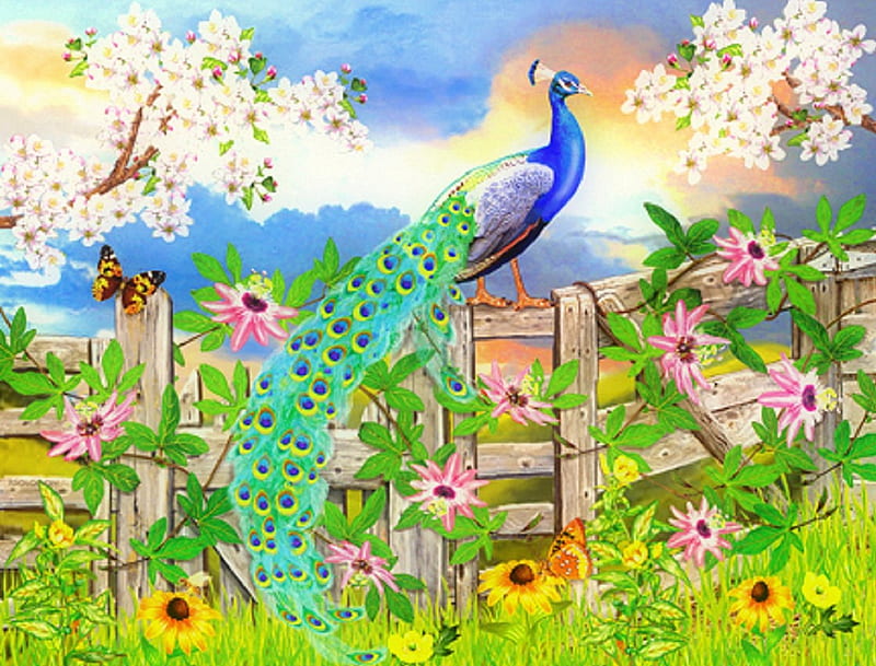 ✬Peacock on Garden Fence✬, fence, paintings animals, attractions in dreams, bonito, creativer pre-made, elegant, paintings, green, bright, flowers, butterfly designs, animals, blue, lovely, colors, love four seasons, birds, butterflies, peacocks, gardens, summer, HD wallpaper