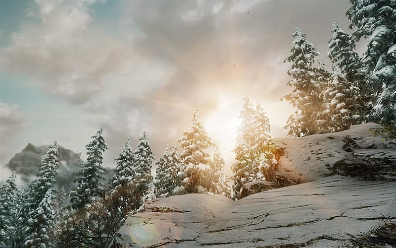 winter landscape, mountains, forest, snow, winter, sunset, HD wallpaper