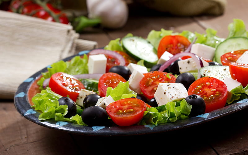 Greek salad, tomatoes, cheese, olives, healthy food, slimming, diet concepts, vegetable salads, HD wallpaper