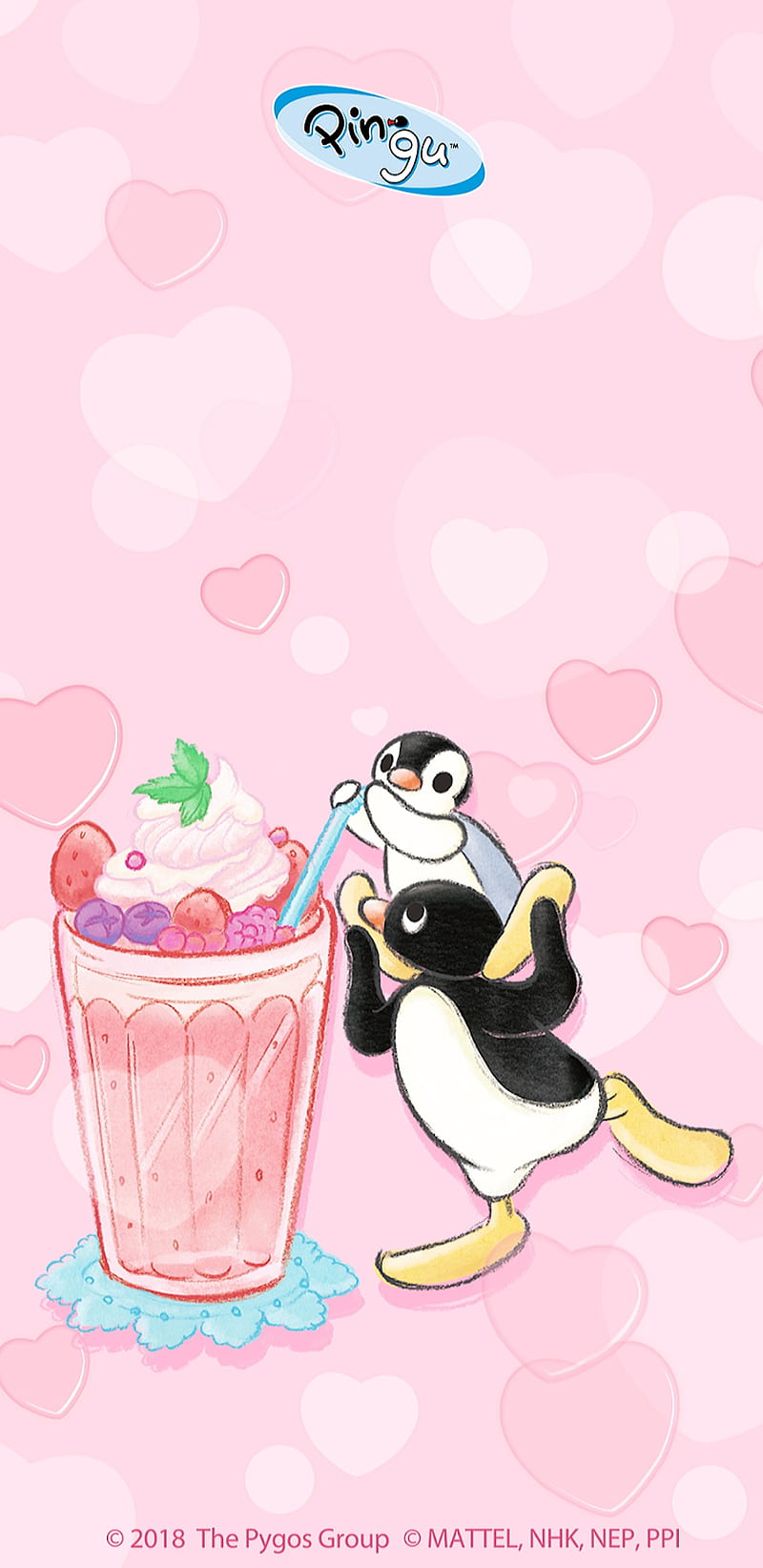 Pingu The Penguin, cartoon, cute, drinks, fruity, heart, corazones, milkshake, penguins, pink, HD phone wallpaper