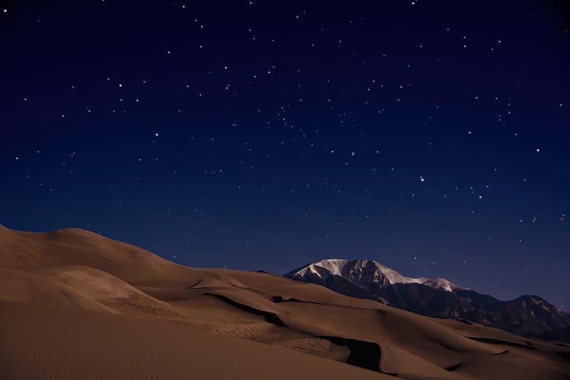 dunes, sands, desert, mountains, night, starry sky, HD wallpaper