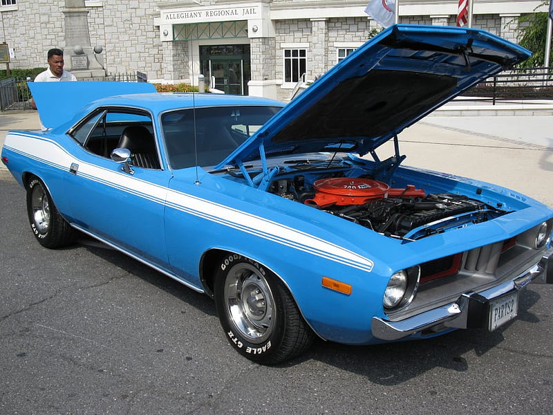 1971 Cuda 340cid, 340, plymouth, cuda, 340cid, covington, street scene, 1971, muscle car, va, blue, HD wallpaper