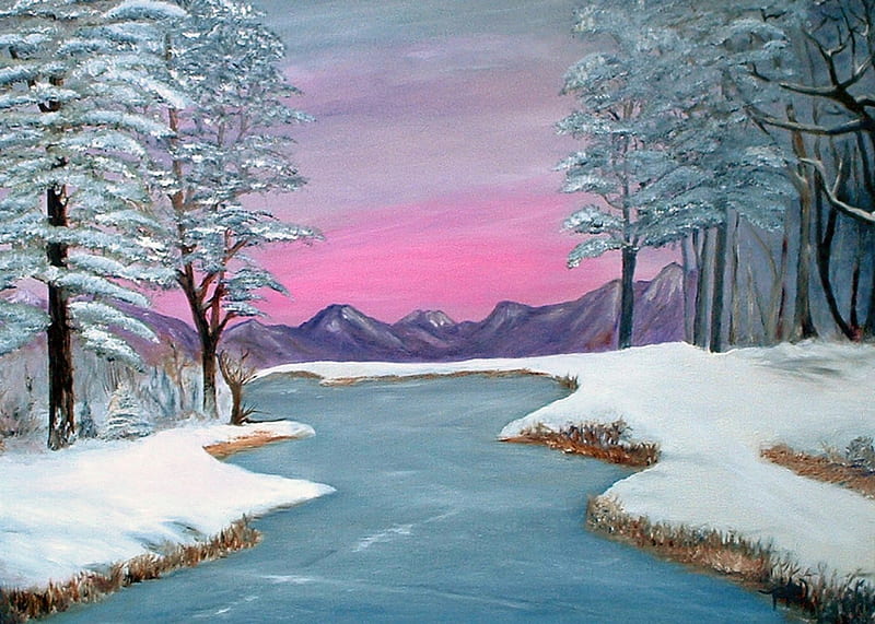 CELEBRATE WINTER SOLSTICE, solstice, sunset, trees, sky, winter, snow, mountains, painting, river, pink, HD wallpaper