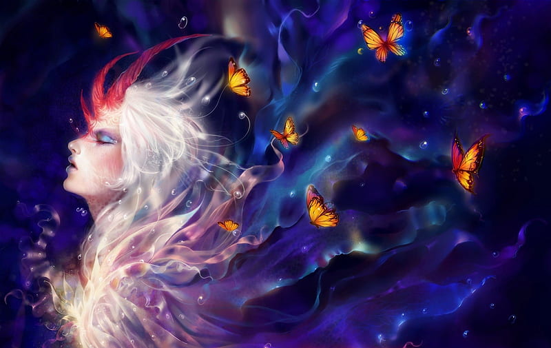 Fire Inside, fantasy, butterflies, fairy, horns, HD wallpaper