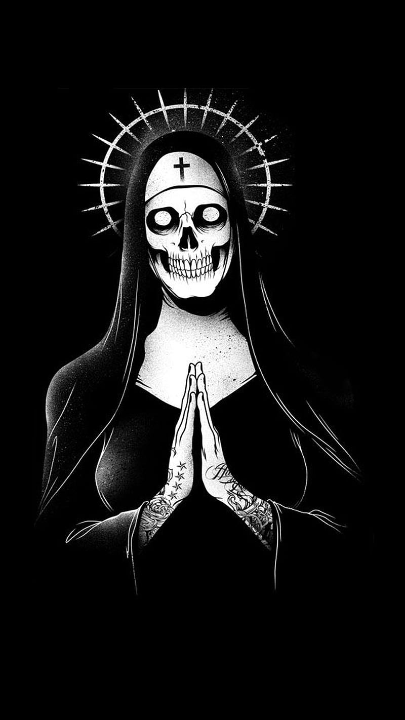 Bad Nun, 929, creepy, dark, death, fantasy minimal, nun, skeleton, skull, HD phone wallpaper