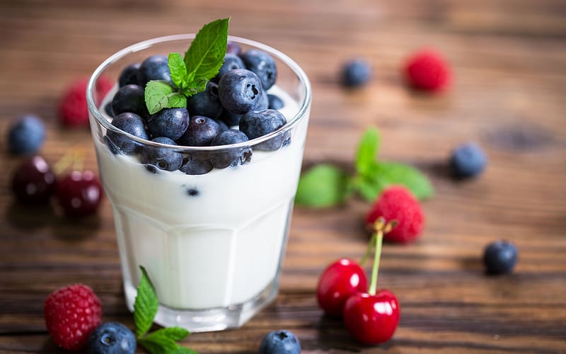 Yogurt and Fruit, cherries, blueberries, food, fruit, yogurt, dessert, raspberries, HD wallpaper