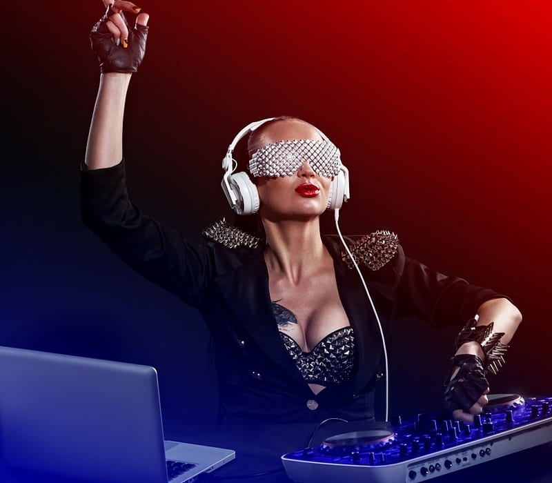 DJ, red, girl, model, glasses, headphones, woman, blue, HD wallpaper