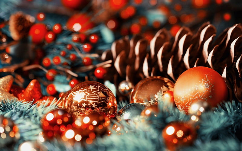 Christmas ornaments, pine cones, bokeh, pine needles, decorations, HD wallpaper