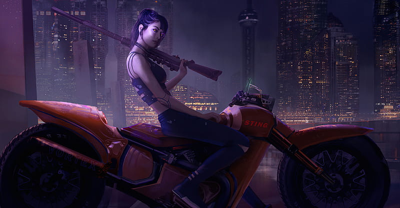Girl On Bike Art, cyberpunk, artist, artwork, artstation, HD wallpaper