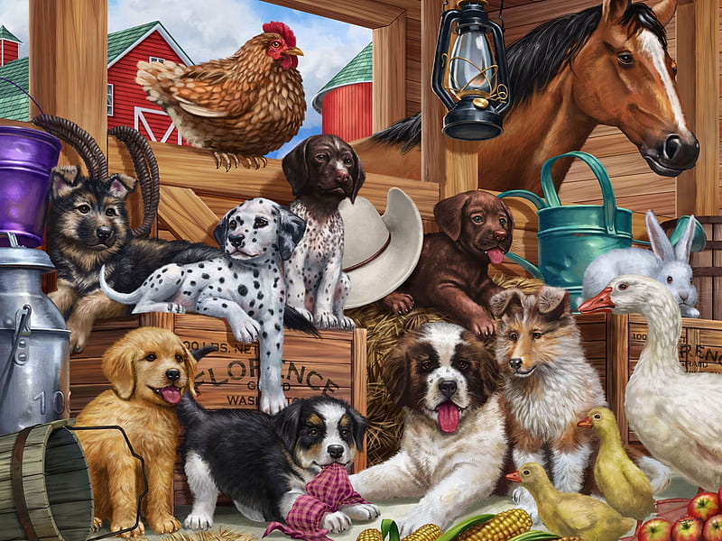 Puppies, farm, art, painting, caine, pictura, dog, puppy, HD wallpaper