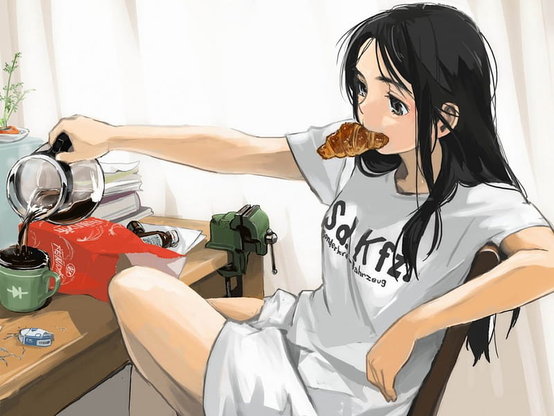Morning breakfest, table, coffe, girl, anime, bread, HD wallpaper