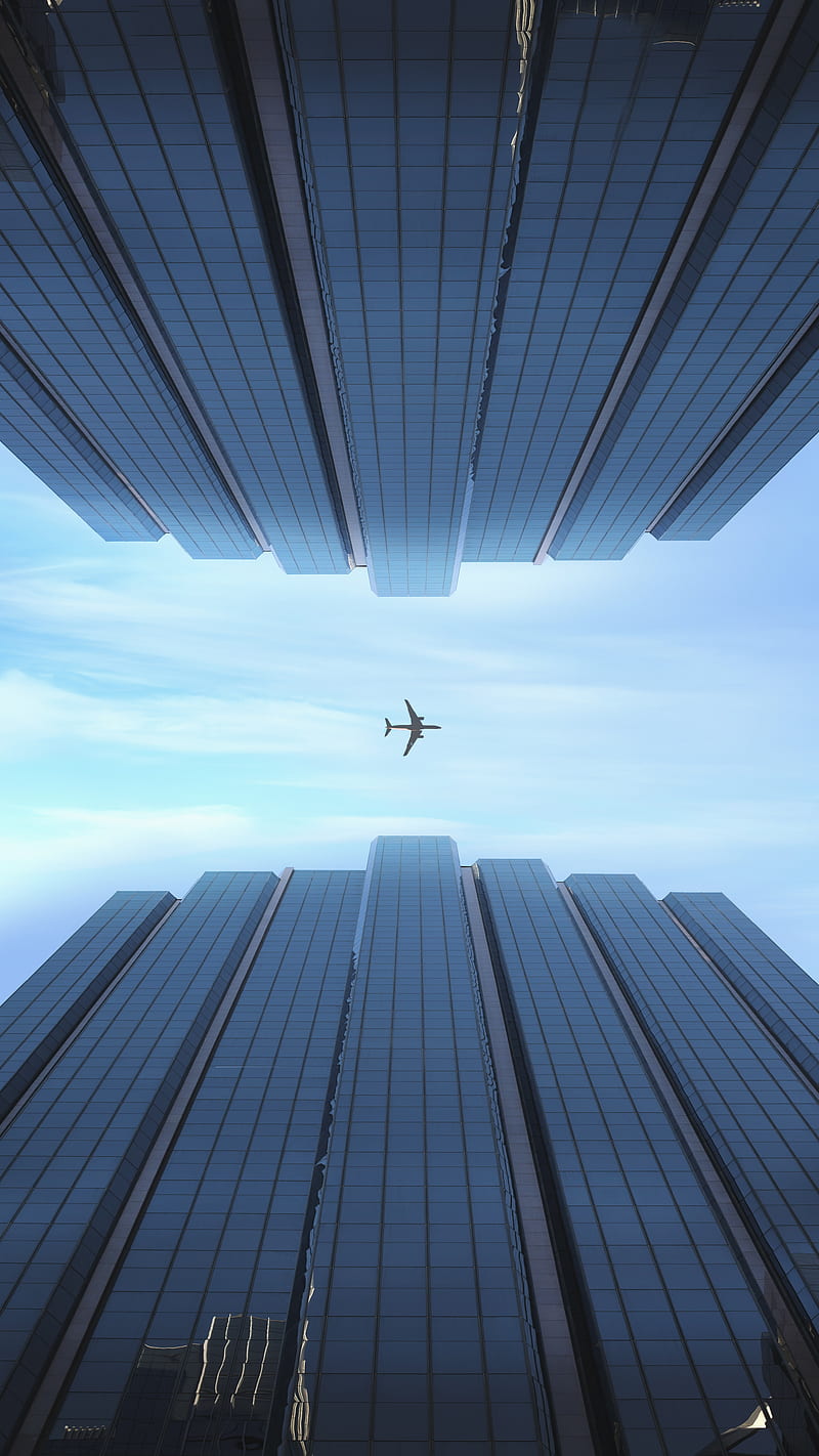 plane, bottom view, flight, buildings, HD phone wallpaper