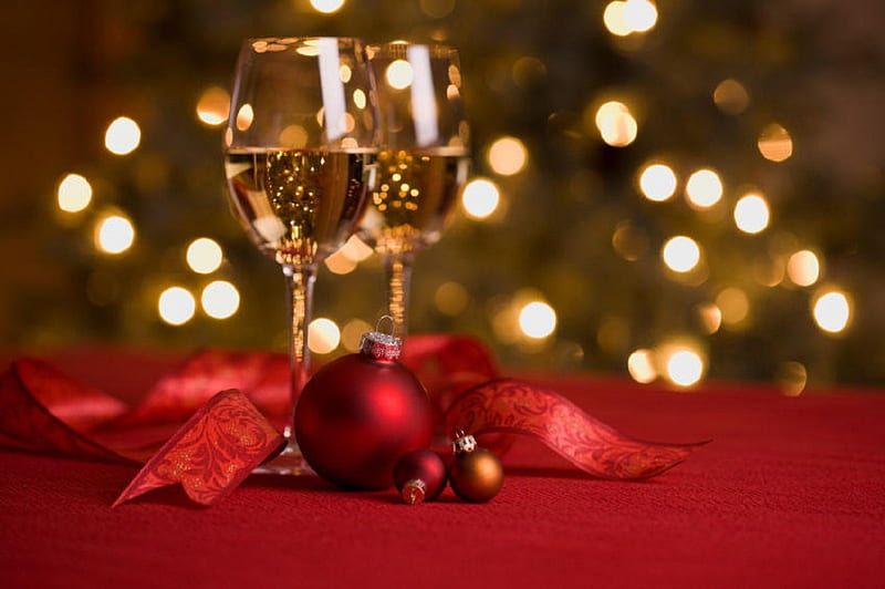 ~Happy New Year~, red, ornement, holidays, christmas, wine, ribbon, bonito, new year, glass, graphy, cheers, love, champagne, HD wallpaper