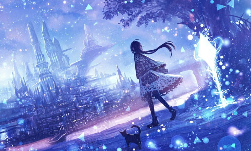 Fantasy city, art, bou nin, luminos, manga, cat, fantasy, girl, purple, anime, blue, HD wallpaper