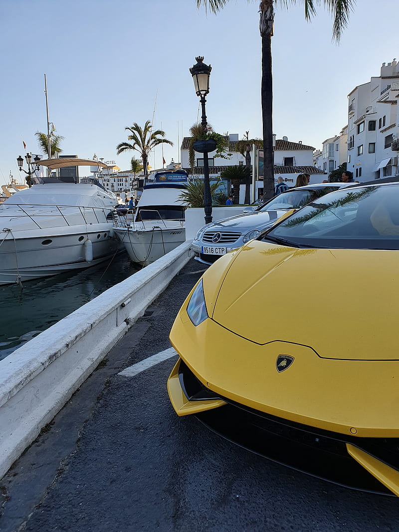 Lamborghini huracan, sunset, yatch, yellow, HD phone wallpaper