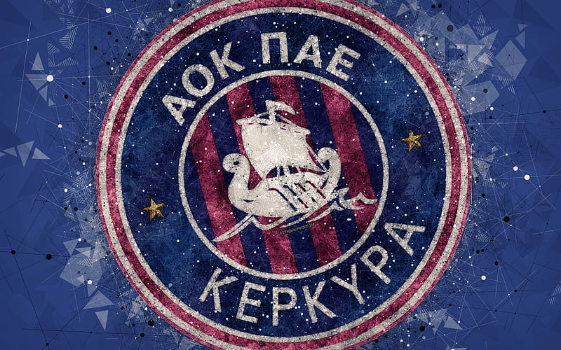 PAE Kerkyra logo, geometric art, blue abstract background, Greek football club, emblem, Super League Greece, creative art, Corfu, Greece, football, Kerkyra FC, HD wallpaper