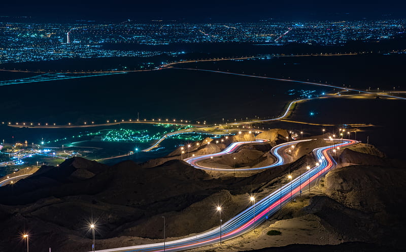 night city, city lights, long exposure, road, abu dhabi, united arab emirates, HD wallpaper