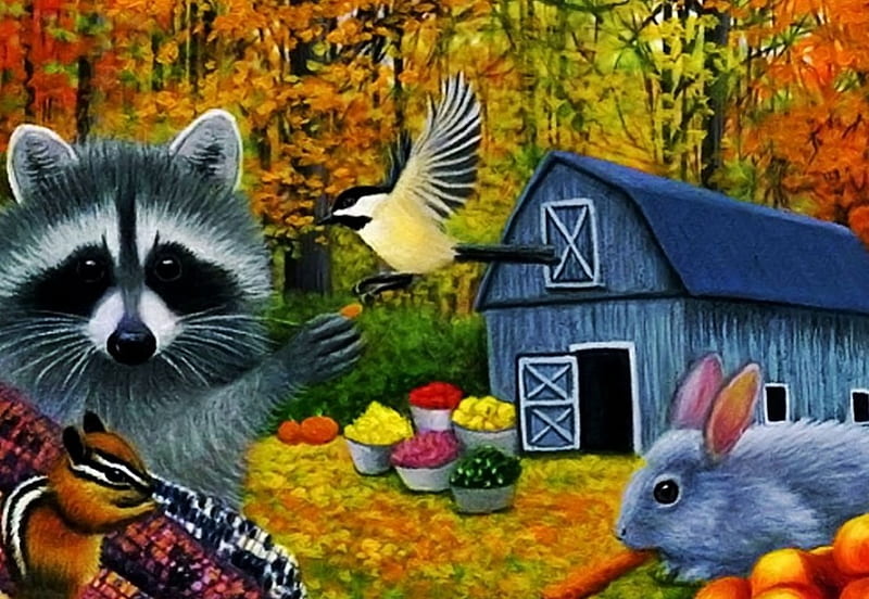 Autumn Companions, forest, rabbit, harvest, apples, trees, raccoon, artwork, barn, bird, skipmunk, painting, HD wallpaper
