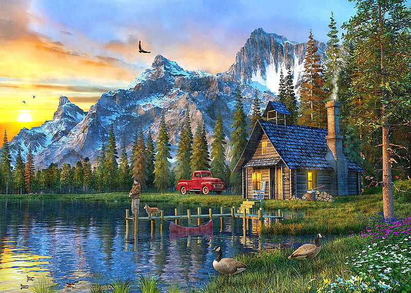 Log Cabin at Sunset, sunset, cabin, lake, log, mountain, geese, water, painting, truck, HD wallpaper