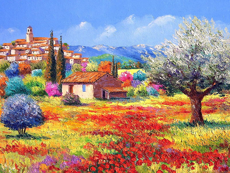 French landscape painting, jean marc janiaczyk, tree, cloud, france, hose, painting, flower, field, HD wallpaper