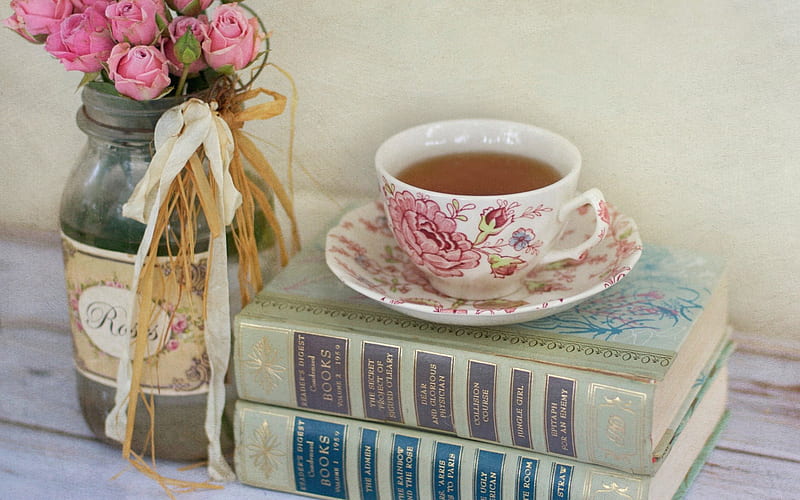Tea Time, nice, graphy, books, flowers, drink, tea, pink, vintage, HD wallpaper
