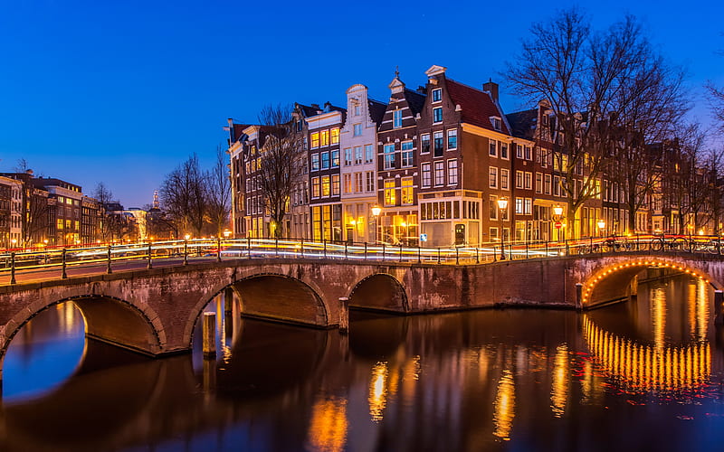 Amsterdam, evening, cityscape, stone bridge, city lights, Netherlands, HD wallpaper
