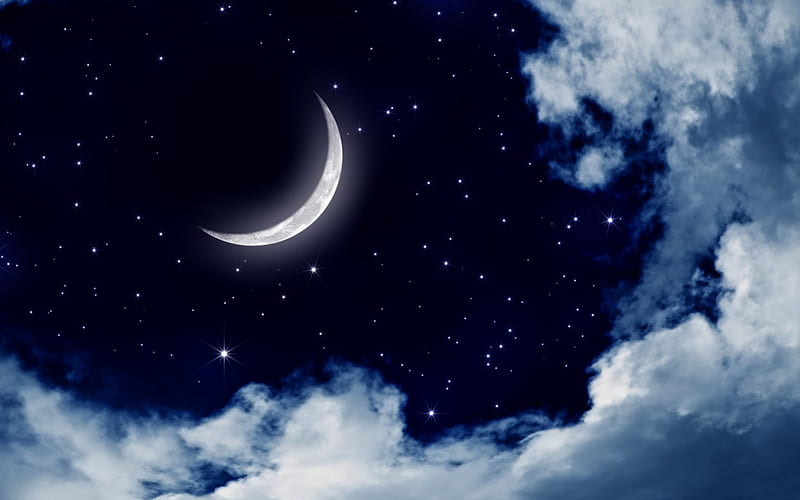 New moon, stars, cloud, sky, night, HD wallpaper