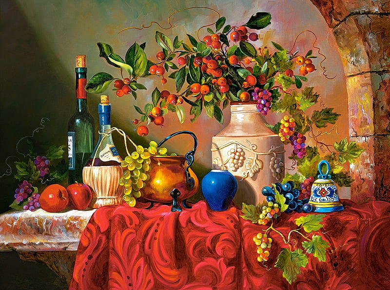 Tavola di Capri, still life, painting, apples, wine, grapes, HD wallpaper
