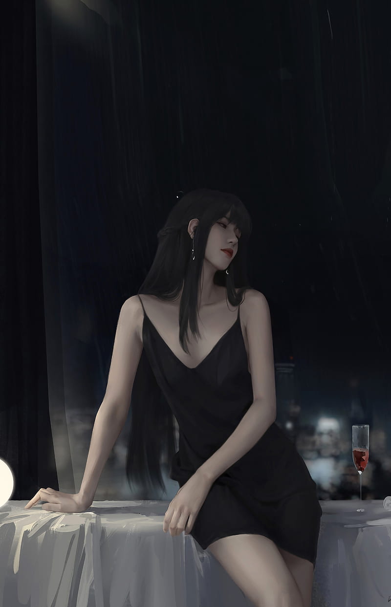 women indoors, black dress, long hair, drawing, HD phone wallpaper