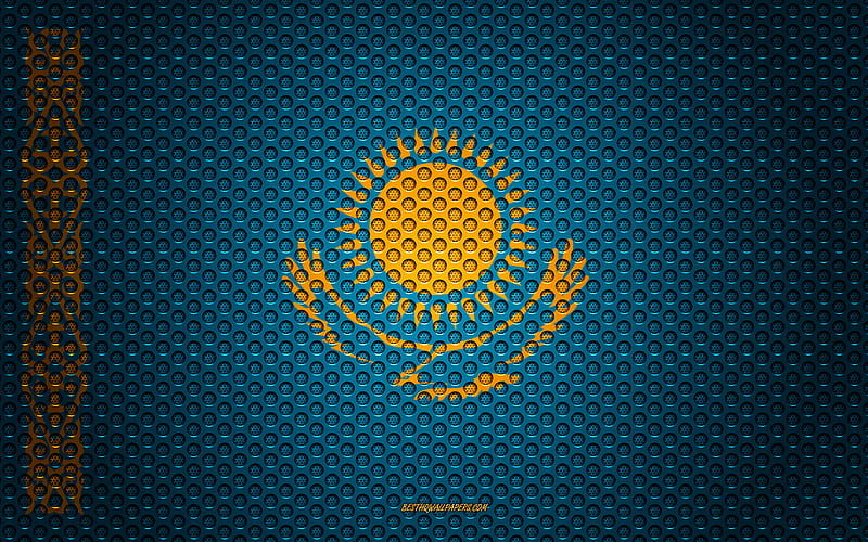 Flag of Kazakhstan creative art, metal mesh texture, Kazakh flag, national symbol, Kazakhstan, Europe, flags of European countries, HD wallpaper