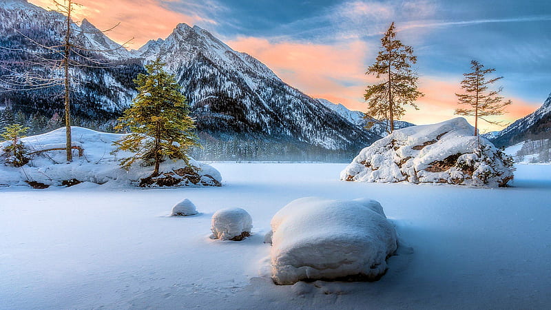 Bavarian Alps, mountains, winter, snow, colors, trees, sky, HD wallpaper