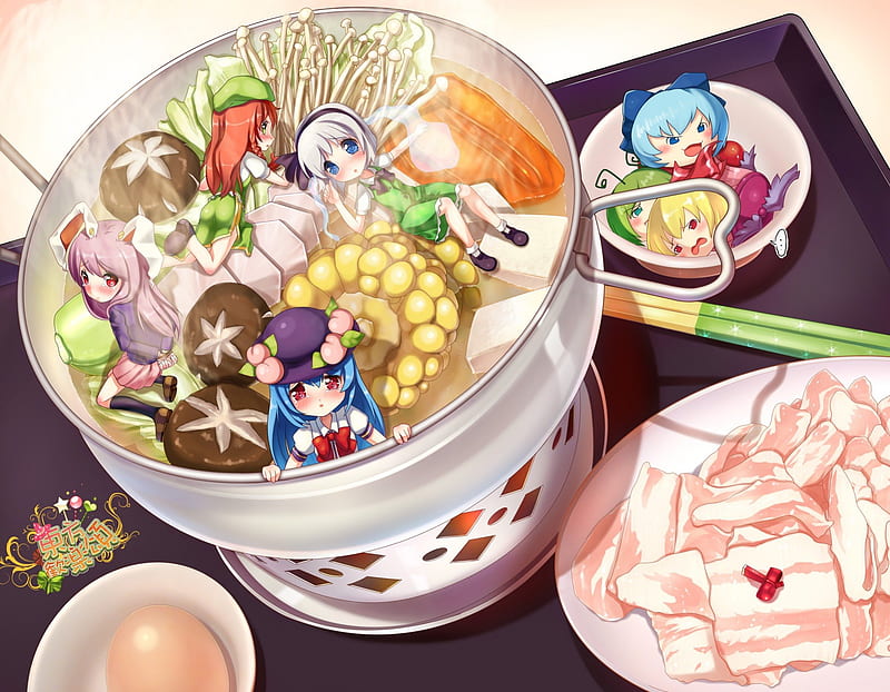 Chibi Food, pretty, hungry, mushroom, pot, adorable, foods, sweet, egg, nice, chopsticks, anime, touhou, anime girl, corn, delicious, female, lovely, food, chibi, cute, kawaii, girl, HD wallpaper