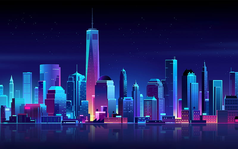 New York city landscape, neon buildings, neon art, creative art, World Trade Center 1, New York, USA, HD wallpaper