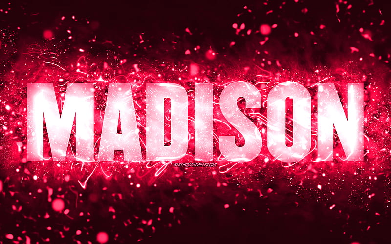 Happy Birtay Madison pink neon lights, Madison name, creative, Madison Happy Birtay, Madison Birtay, popular american female names, with Madison name, Madison, HD wallpaper