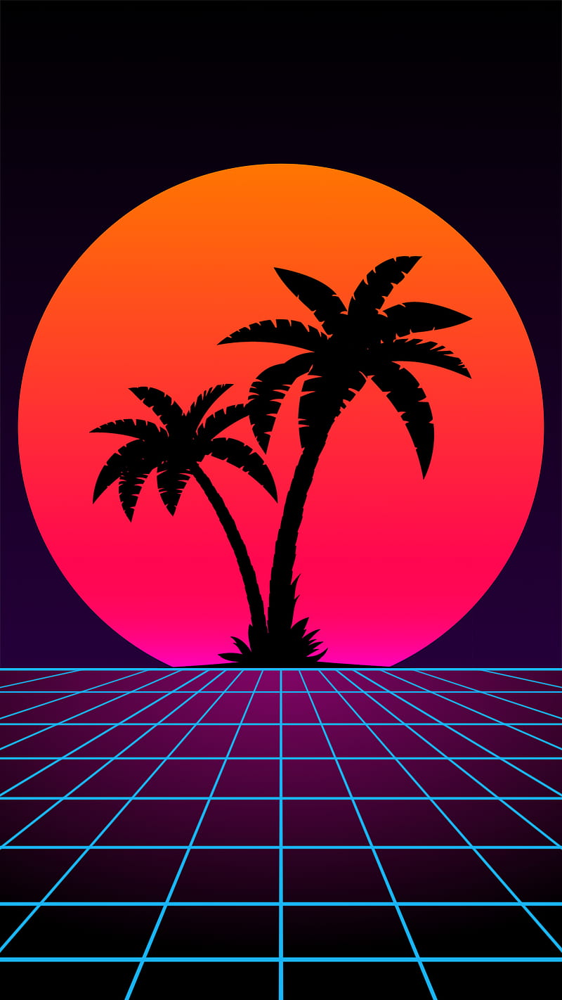 Synthwave Palms 2, 80s, dark, neon, palm, retro, retrowave, trees, HD phone wallpaper