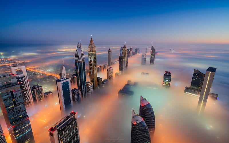 Dubai, skyscrapers in fog, night, UAE, tops of skyscrapers, modern buildings, towers, HD wallpaper
