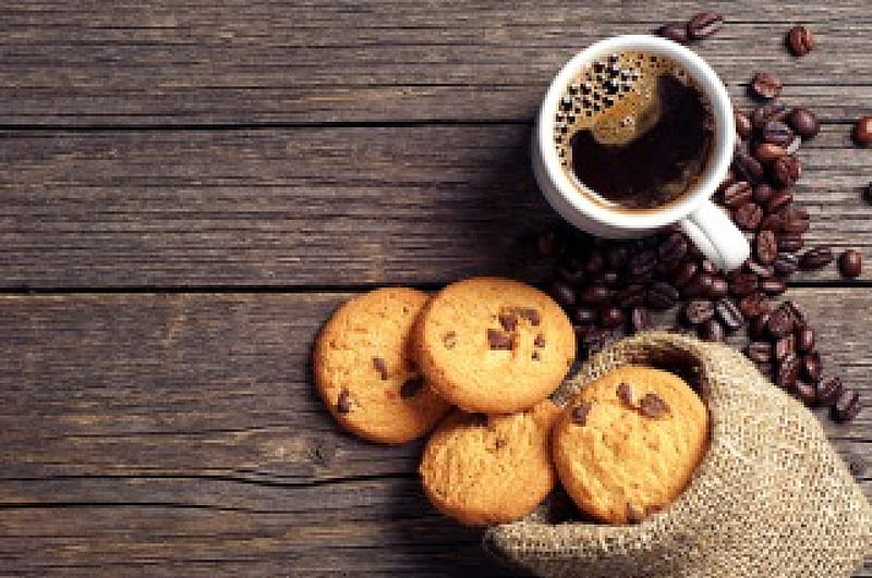 Coffee, brown, drinks, coffee beans, coffee bean, sweet, cookies, cookie, cup, drink, cups, wood, HD wallpaper