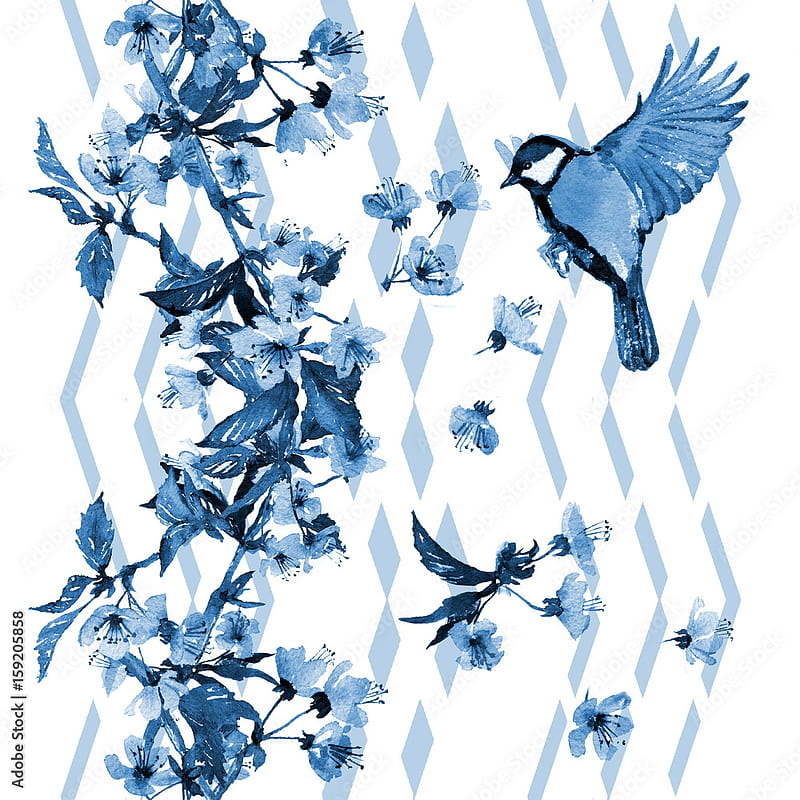 Seamless watercolor pattern cherry blossom with a bird on vertical zigzag ornament. Blue hues on white background. Textile print, . Stock Illustration, Watercolor Birds, HD phone wallpaper