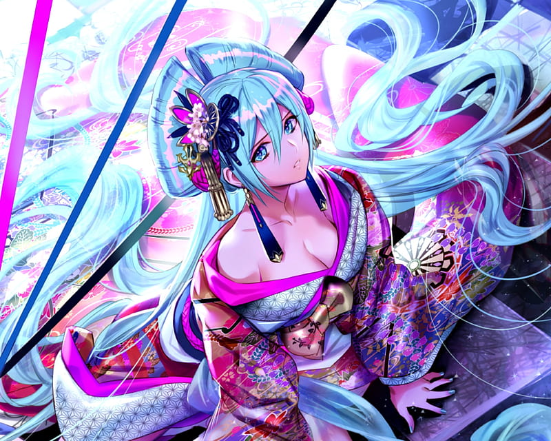 Geisha, luminos, manga, kimono, girl, anime, foo midori, pink, blue, HD wallpaper