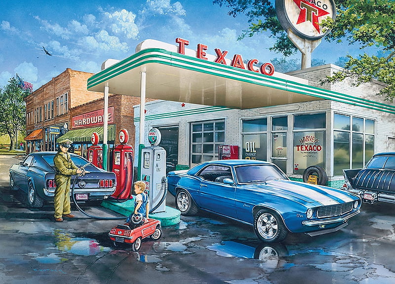 Pop's Quick Stop, carros, toy car, painting, gas station, street, artwork, HD wallpaper