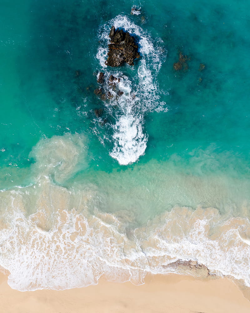 ocean, top view, beach sand, rock, Nature, HD phone wallpaper