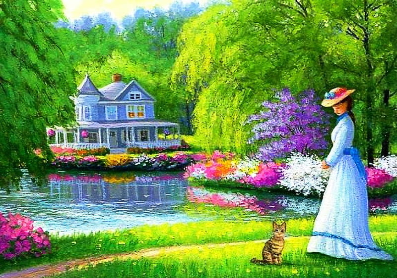 Victorian Lady, pond, house, painting, summer, cat, trees, artwork, HD wallpaper