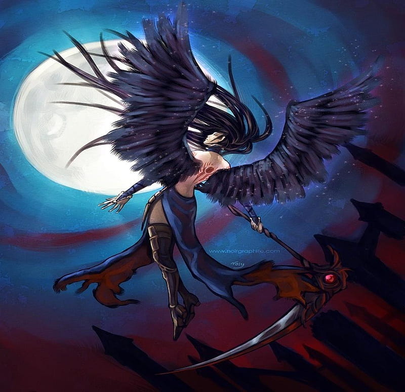 Shanoa, games, boots, video game, game, video games, thigh highs, clouds, moon, scythe, full moon, anime girl, long hair, black hair, female, wings, caslevania, weapons, towers, order of ecclesia, HD wallpaper