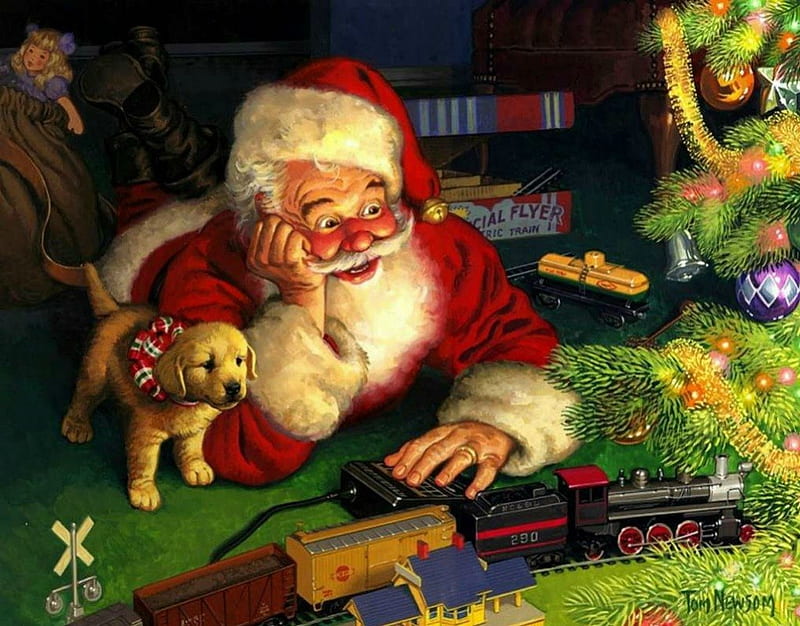 Santa Claus after Apocalypse for Ewa (ewa21021), red, art, christmas, toy, santa claus, cute, tree, train, green, painting, white, tom newson, dog, HD wallpaper