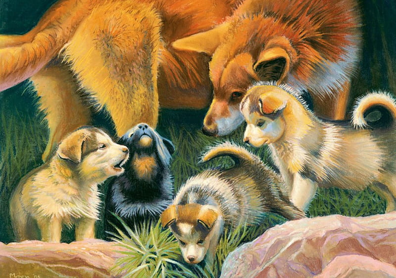 1366x768px-720p-free-download-wolf-mom-with-pups-painting